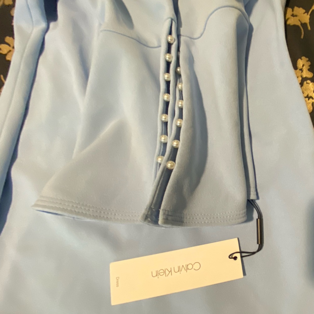 NWT Calvin Klein Bell Sleeve Sheath Dress Blue with Pearl Accents / Size 4 - Picture 9 of 16